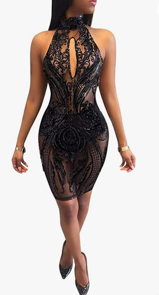 See Through Halter Backless Mini Dress