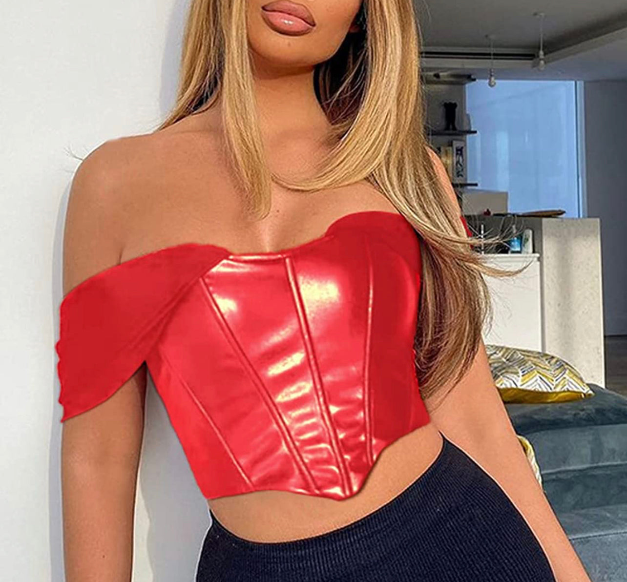 Sexy PU Leather Sweetheart Corset Crop Top Cold Shoulder Mesh Sleeve Boned Bustier