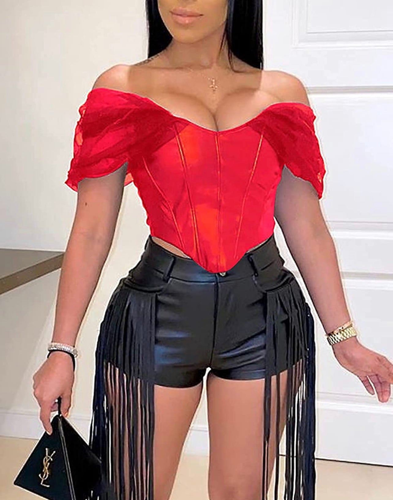 Sexy PU Leather Sweetheart Corset Crop Top Cold Shoulder Mesh Sleeve Boned Bustier