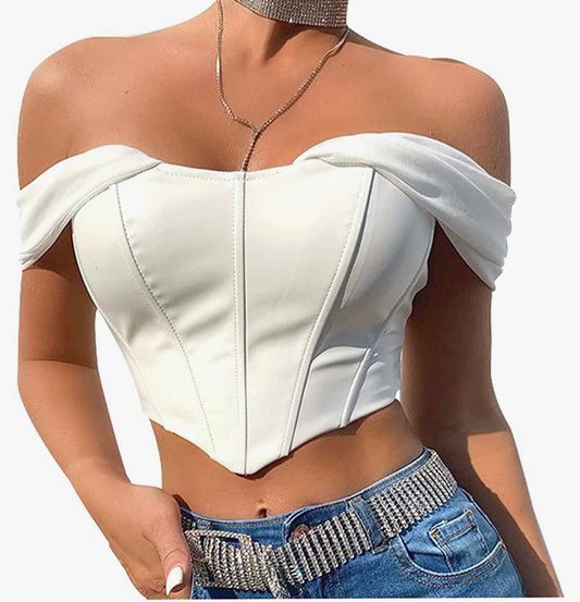 Sexy PU Leather Sweetheart Corset Crop Top Cold Shoulder Mesh Sleeve Boned Bustier