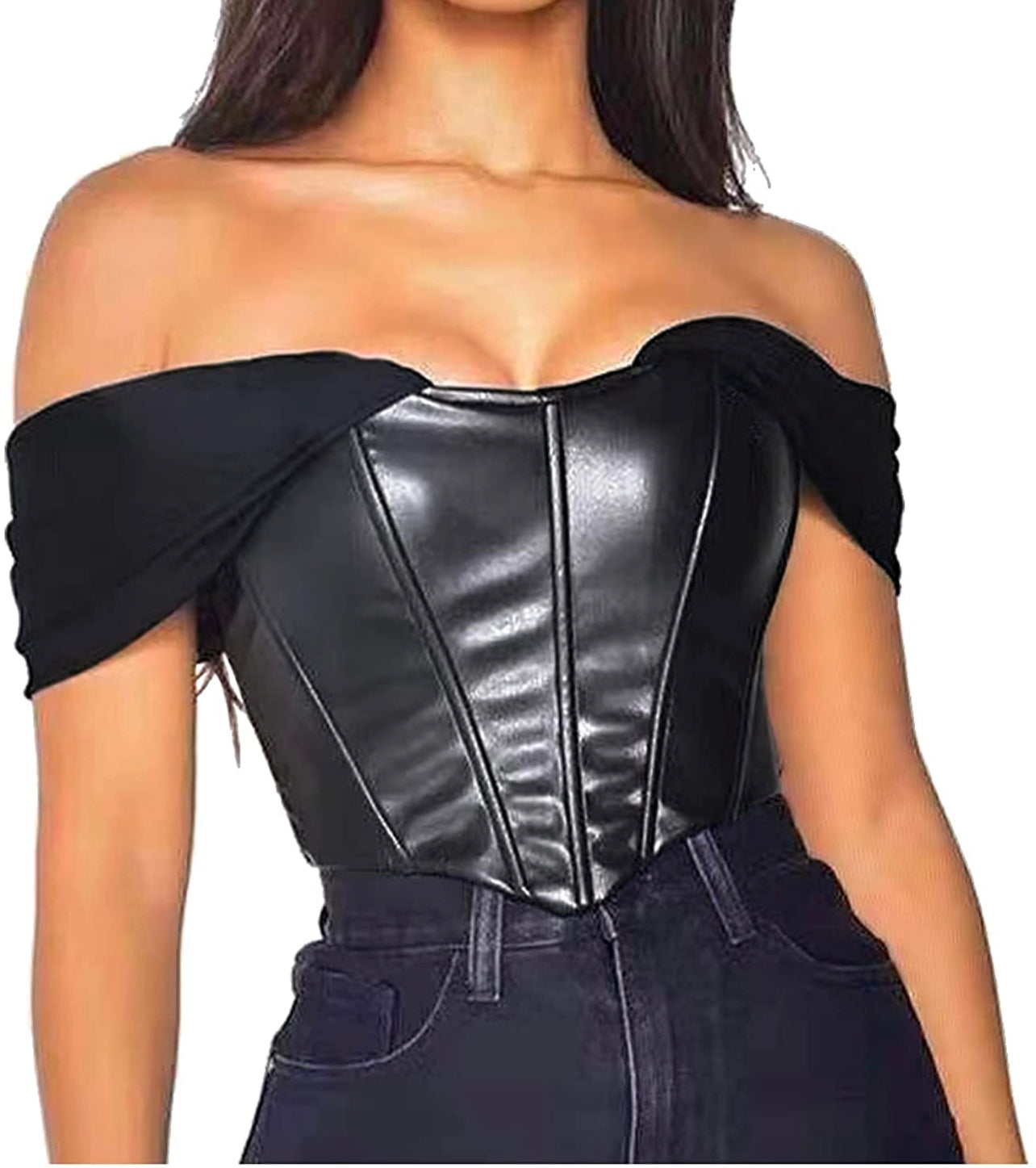 Sexy PU Leather Sweetheart Corset Crop Top Cold Shoulder Mesh Sleeve Boned Bustier